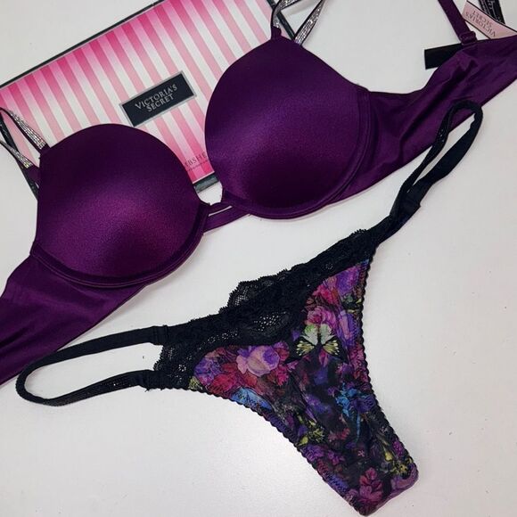 🔥Victoria's Secret Purple and Black Bra Sz 32B panty M Intimates push-up NWT